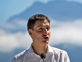 Prime Minister Justin Trudeau speaks during a news conference on Bowen Island, B.C., on July 19, 2022. In 20 trips during July, Trudeau logged 26,238 kilometres of jet travel.