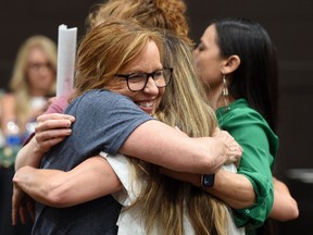 Representative Sharice Davids (D-KS) shares a group hug with women during the pro-choice Kansas for Constitutional Freedom primary election watch party in Overland Park, Kansas August 2, 2022. - Abortion rights advocates and opponents looked anxiously to Kansas Tuesday as the Midwestern US state held the first major vote on the flashpoint issue since the Supreme Court overturned the national right to the procedure in June.
The vote is heavy with consequences for Kansans, who will decide whether to remove the right to terminate a pregnancy from the traditionally conservative state's constitution. (Photo by DAVE KAUP / AFP)