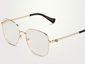 Gucci square optical glasses, $525 at Holt Renfrew, holtrenfrew.com.