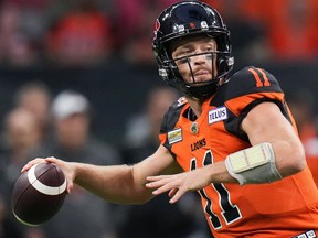 B.C. Lions quarterback Michael O'Connor passes during the first half of CFL football game action against the Saskatchewan Roughriders in Vancouver on Friday, August 26, 2022.