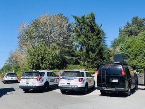 Surrey RCMP and the Integrated Homicide Investigation Team are in the 16600-block of 19th Avenue in South Surrey Sunday after a man was shot and died in hospital late on Saturday, Aug. 27, 2022.
