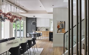 Natural European white oak floors create a neutral palette that allows rose gold pendant lighting to take center stage.