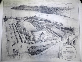 “Suggested Civic Auditorium and Stadium on the Kitsilano Reservation” by Sharp and Thompson Architects, circa 1936. The various facets of the plan and site are heard at the top of the illustration, from left to right: parking lot, bandstand , plaza, stadium, small room, English Bay, auditorium, driving range, rowing club, tennis courts, landing float, False Creek, parking lot, Burrard Bridge.  Vancouver Archives AM 735, LOC 560-D.