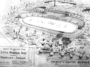 Oct. 2, 1930. Sharp and Thompson illustration of an "Aerial Perspective View of Little Mountain Park, showing Proposed Stadium" above 29th Avenue. "Drawn by G.K. McLennan" is in the lower left corner. There is a water stain on the illustration. Vancouver Archives AM 735, LOC 560-D.