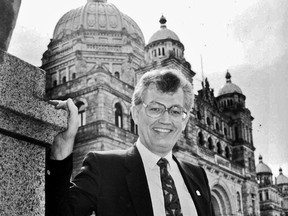 Former B.C. NDP leader Bob Skelly outside the legislative buildings in Victoria in a 1988 file photo.