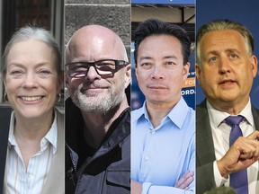 Vancouver mayoral candidates (from left) Colleen Hardwick, Mark Marissen, Ken Sim and Kennedy Stewart