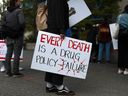 Moms Stop the Harm advocates and supporters gather at Centennial Square on the sixth anniversary in April of a public health emergency due to the opioid-related deaths across B.C.