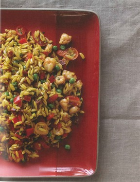 Orzo stands in for paella rice in this salad adaptation of the Spanish favourite. Serve with Blue Mountain’s Gold Label Brut. Photo: Ryan Robert Miller.