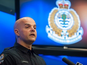 Vancouver, BC: APRIL 2, 2019 --  VPD spokesperson Const. Jason Doucette speaks to the media Tuesday, April 2, 2019 about a recent incident of arson at Langara College.