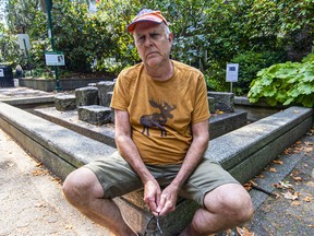 James Oakes in the Haro mini-park at one of the two dozen fountains in the city that have run dry.