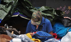 One of the people camped out in front of the Regent Hotel on East Hastings Tuesday.