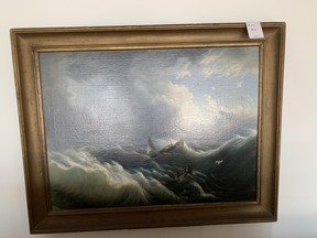 Painting of a ship being tossed on a stormy sea that Alex de Halmy thought of as a metaphor for his life.