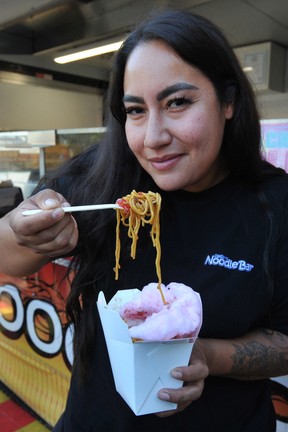 Seanna Pascal of the Salt Spring Noodle Bar in action with the Cotton Candy Noodles during a media event to promote the new dishes available this year at the PNE in Vancouver, BC., on August 24, 2022.
