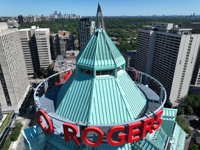 The Rogers Building, the green-topped corporate campus of Canadian media conglomerate Rogers Communications is seen in downtown Toronto.