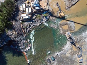 Protect the Planet says this recent aerial photo taken by a drone shows excavators working on the Trans Mountain pipeline expansion in the Coquihalla River near Hope.