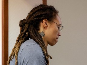 U.S. basketball player Brittney Griner, who was detained at Moscow's Sheremetyevo airport and later charged with illegal possession of cannabis, walks after the final statements in a court hearing in Khimki outside Moscow, Russia August 4, 2022.