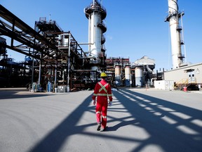A Shell employee walks through the company's new Quest Carbon Capture and Storage facility in Fort Saskatchewan, Alta., in October 2021.