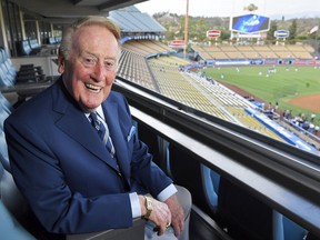 Hall of Fame broadcaster Vin Scully in Los Angeles’s Dodger Stadium in September 2016, during his final season of 67 years calling Dodgers games, both in Brooklyn and then L.A.
