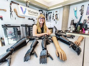 Kelly Knights of the Hand Project, with 3D printed prosthetic upper limbs in the UVic Engineering Lab Wing. The project is looking to expand to Ukraine where many have lost limbs during the ongoing war with Russia.