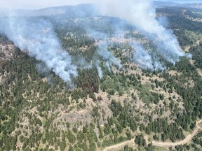 Smoke from fires along Sheep Creek is shown in an Aug.7, 2022 handout photo from the BC Wildfire Service.
