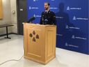 Cpl. Michael McLaughlin of the RCMP announces on Jan. 29, 2020, that charges have been laid in the Oct. 18, 2018, death by malnutrition of 54-year-old Florence Girard.