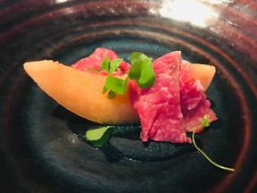 Melon and wagyu carpaccio from Araxi Restaurant, Whistler.