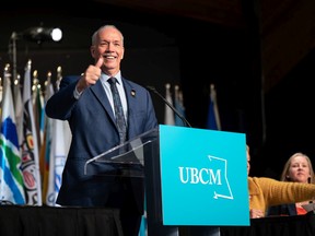 Premier John Horgan speaks to the Union of B.C. Municipalities convention in Whistler on Friday.