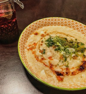 Chicken Congee with Salted Duck Eggs created by Chef Deseree Lo.