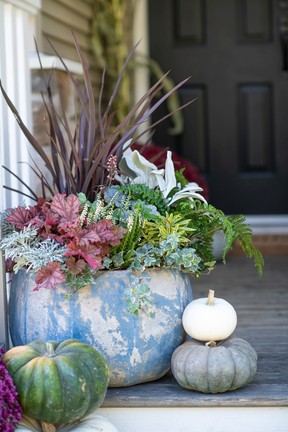 A fall inspired entryway, featuring kale, heuchera and pumpkins.