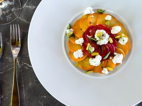 Mixed beets with basil pistachio pesto and feta.