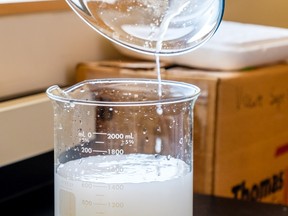 UBC researcher Dr. Feng Jiang has developed a cellulose film from wood pulp that is strong and biodegradable. Photo credit: Paulo Ramos – UBC Faculty of Forestry.