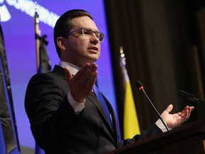 Canadian Conservative Party leader Pierre Poilievre speaks during the National Conservative caucus meeting in Ottawa, Canada on September 12, 2022.