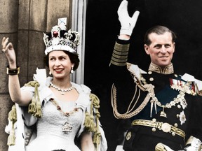 Queen Elizabeth II and the Duke of Edinburgh on the day of their coronation, Buckingham Palace, 1953. (Colorised black and white print).