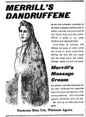 Ad in the Oct. 2, 1903 Vancouver Province for Merrill’s Dandruffene, a hair tonic.