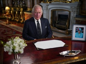 King Charles III delivers his address to the nation and the Commonwealth from Buckingham Palace following the death of Queen Elizabeth II last week.