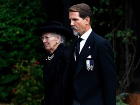 Queen Margrethe II of Denmark and Pavlos, Crown Prince of Greece, arrive at St. George's Chapel on September 19, 2022 in Windsor, England to attend the Committal Service for Britain's Queen Elizabeth II.