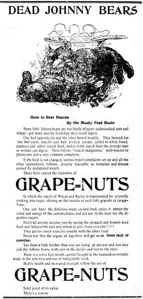 The full Grape-Nuts “Dead Johnny Bears” cereal ad in the Sept. 2/Oct. 2 1903 Vancouver World.