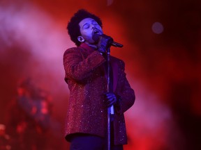 The Weeknd performs during the Pepsi Super Bowl LV Halftime Show at Raymond James Stadium in Tampa, Fla., Feb. 7, 2021.