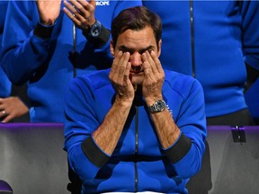 Switzerland's Roger Federer sheds a tear after playing his final match, a doubles with Spain's Rafael Nadal of Team Europe against USA's Jack Sock and USA's Frances Tiafoe of Team World in the 2022 Laver Cup at the O2 Arena in London, early on September 24, 2022. (Photo by Glyn KIRK / AFP)
