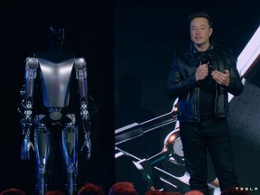 This video screen grab made from Tesla AI Day 2022 livestream shows Elon Musk standing on stage next to Optimus the humanoid robot in Palo Alto, California on September 30, 2022. (Photo by Tesla / AFP)