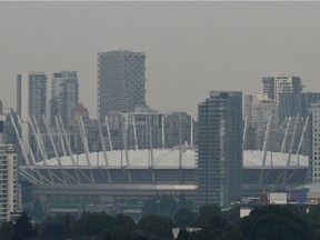 Smoky conditions in downtown Vancouver as wildfires contribute to poor air quality in Vancouver.
