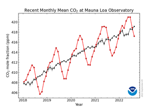 This is the Mauna Loa CO2 data for August, 2022. The red lines and symbols represent the monthly mean values, centred on the middle of each month. The black lines and symbols represent the same, after correction for the average seasonal cycle. Source: NOAA