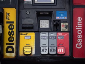 The prices for a litre of diesel and various grades of gasoline are seen on a gas pump at a Petro-Canada station, in Burnaby, B.C., Wednesday, March 2, 2022. Gas prices in Vancouver have hit a new high of more than $2.39 a litre at some stations, blowing past the previous peak set this summer.