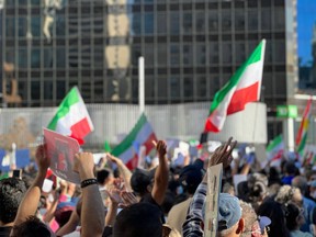 Demonstrators gathered at the Vancouver Art Gallery on Sunday in solidarity with the Iranian people in their protest against the Islamic Republic Regime after the death of 22-year-old Mahsa Amini