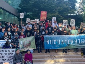Nuchatlaht and Nuu-chah-nulth First Nation leaders and supporters rally at the BC Supreme Court in Vancouver on Tuesday, Sept. 27, 2022, ahead of closing arguments in an Indigenous title case between the Nuchatlaht First Nation and the B.C. government.
