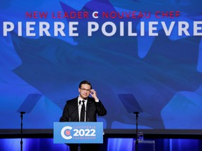 Pierre Poilievre speaks Saturday night after being elected the new leader of the federal Conservative Party, in Ottawa.