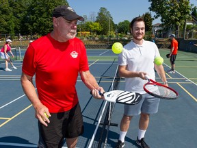 Greg Feehan (left), president of the Vancouver Pickleball Association and Nick Tchernikov, president of the Vancouver Tennis Society, at Brewers Park in Vancouver on Friday, September 2, 2022.