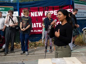 NDP leadership candidate Anjali Apadurai joined a protest against the expansion of the Trans Mountain Pipeline in Burnaby on Saturday.
