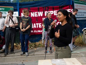 NDP leadership candidate Anjali Appadurai attended a protest against the Trans Mountain Pipeline Expansion on Saturday in Burnaby.