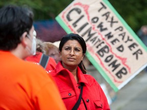 NDP leadership candidate Anjali Appadurai attended a protest against the Trans Mountain Pipeline Expansion on Saturday in Burnaby.